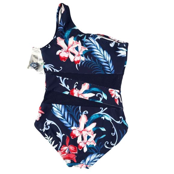 CARMEN MARC VALVO Swimsuit One Piece Size 8 Floral Mesh Maritime One shoulder - Picture 3 of 8